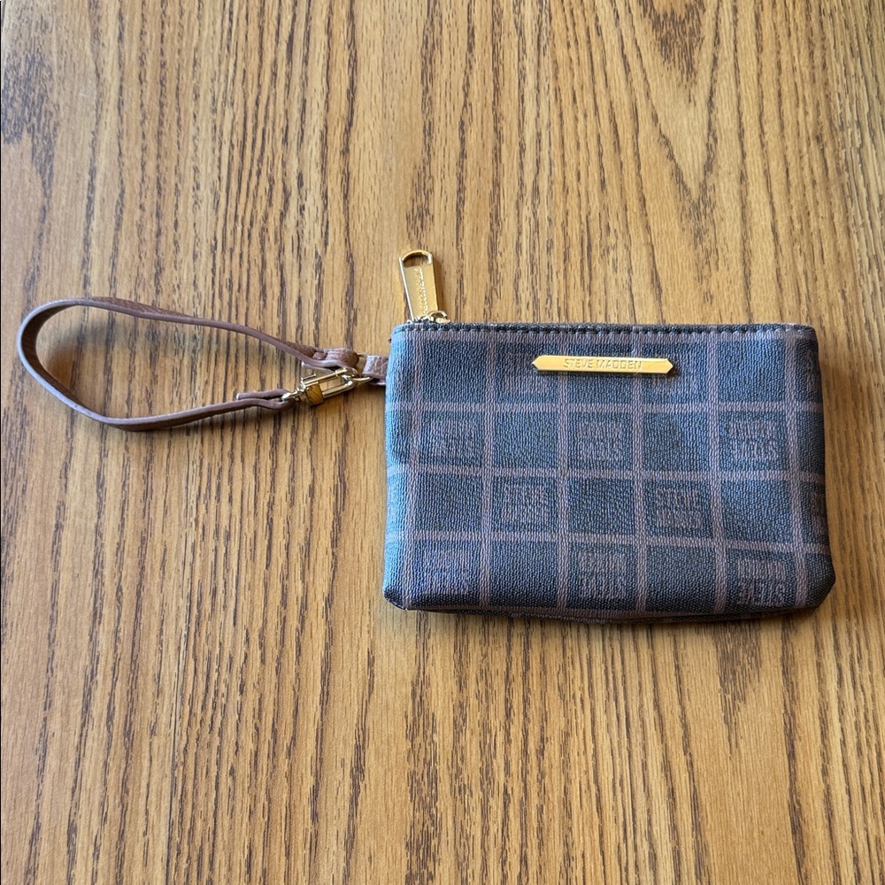 Steve Madden Brown Check Wristlet Pouch with Gold Accent